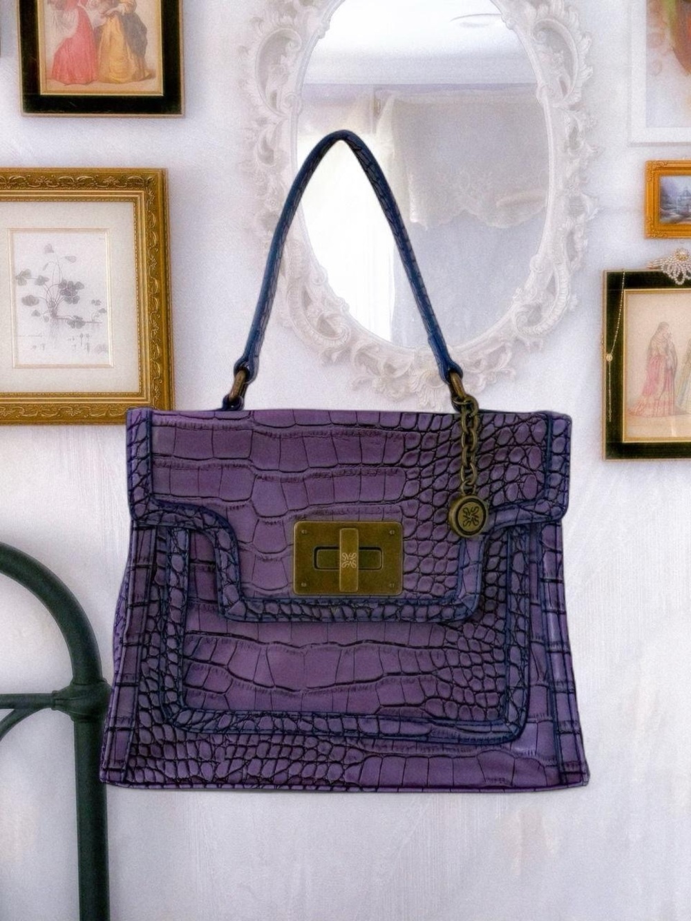 Whimsigoth McBling faux crocodile embossed purple handbag